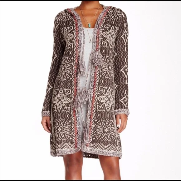 Free People Kai Pom Pom Hooded Cardigan in Brown - Picture 1 of 8